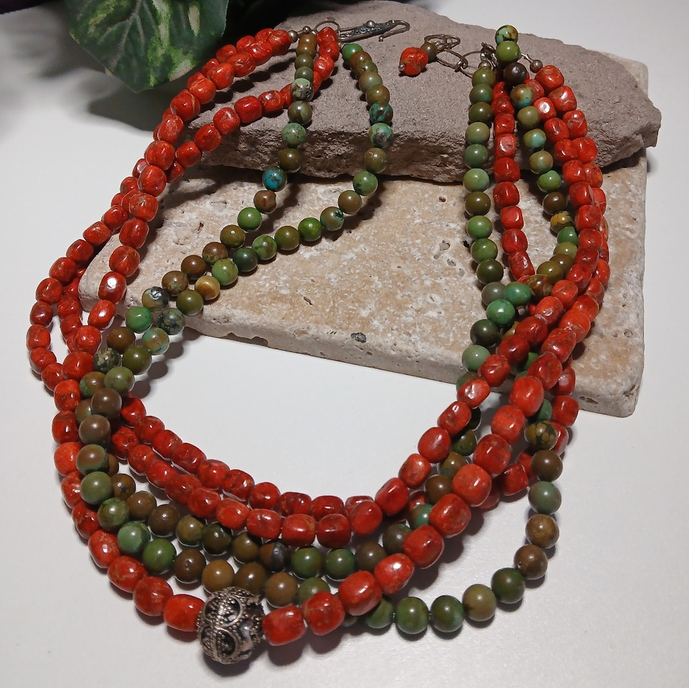 5 Strand Natural Apple Coral and Unakite  Beaded Necklace w Sterling